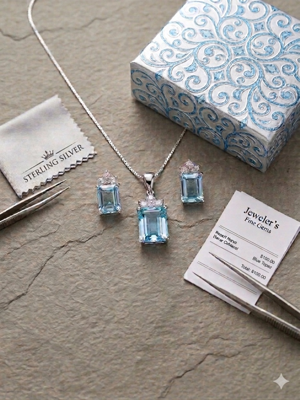 Genuine Blue Topaz Sterling Silver Pendant & Earrings Jewelry Set